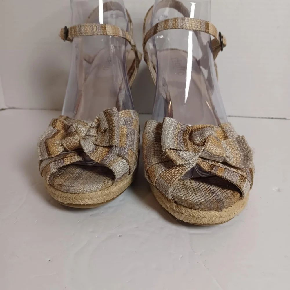 Rialto Cork Wedge Slingback Knitted Pink/Brown Plaid Bow Accent Open Toe Sz‎ 9
